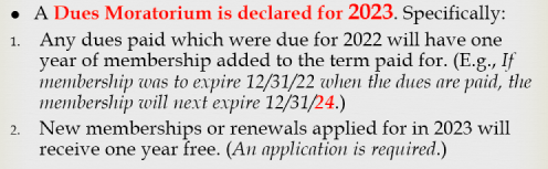Text saying Dues Moratorium for 2023+specifics.