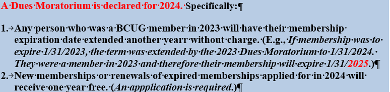 Text saying Dues Moratorium for 2024+specifics.