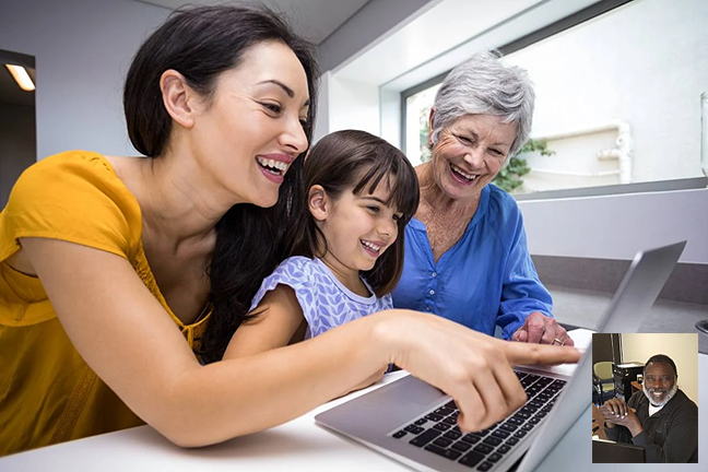 Mother, daughter and grandmother enjoying using a Chromebook laptop.